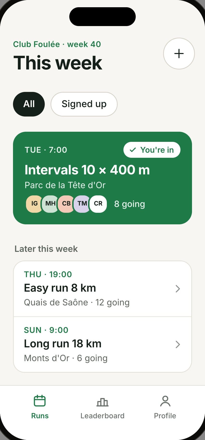 This week screen of the Foulée app: the club’s next run and the ones after it.