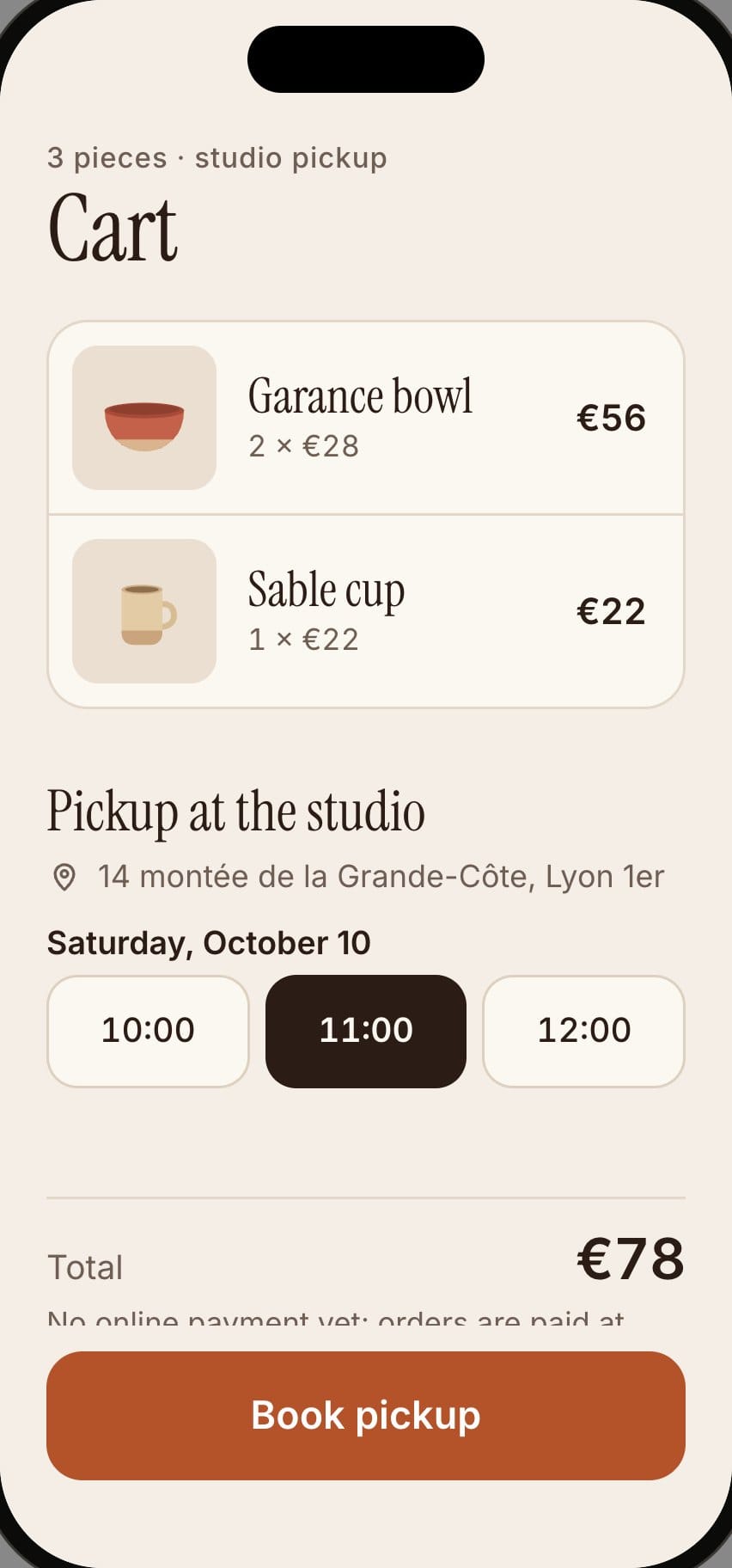 Cart in the Atelier Lou app: two items, the pickup slot at the studio and the total.