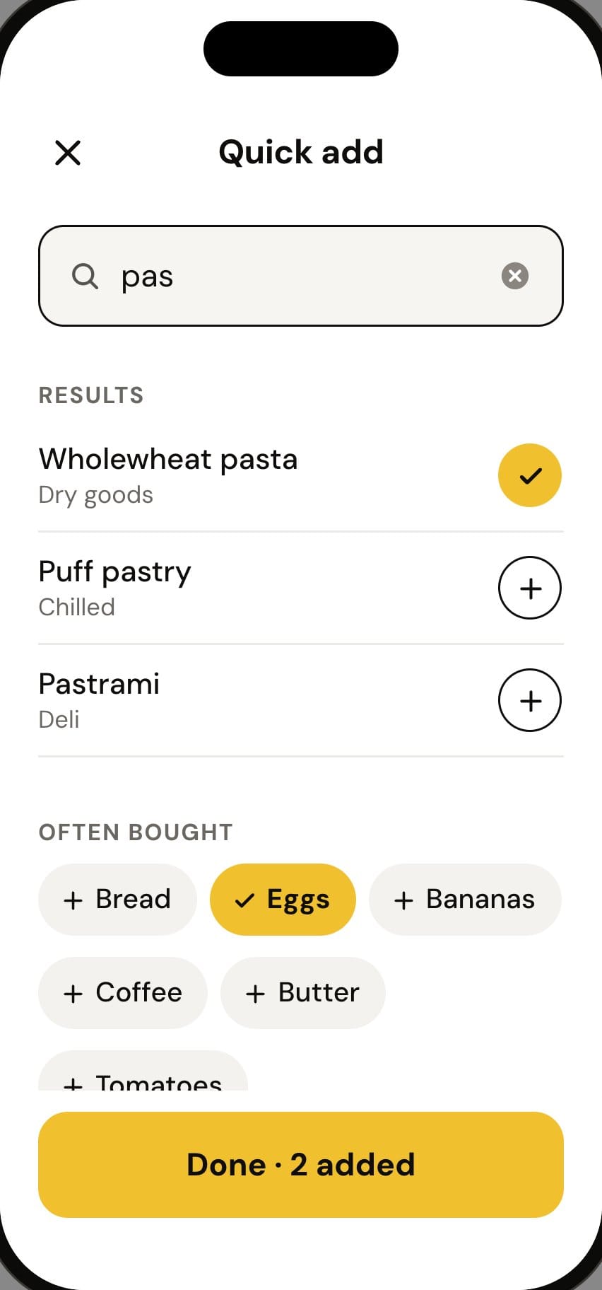 Quick add screen of the Groceries app: a search and frequently bought items.