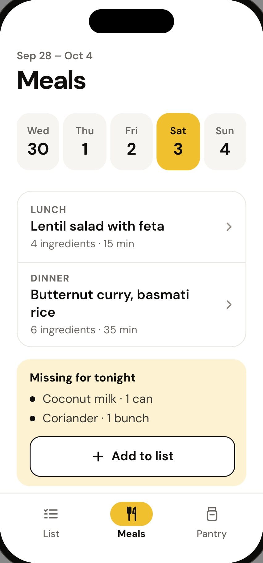 This week’s meals in the Groceries app, day by day.
