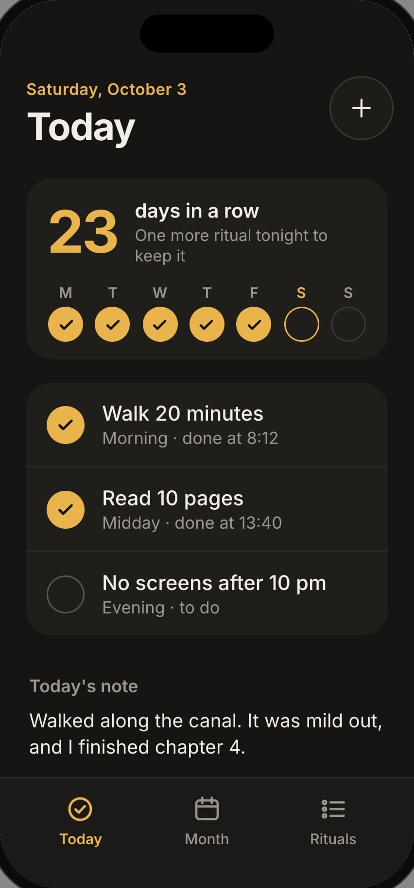 Today screen of the Rituel app, in dark mode: a 23-day streak and three rituals, two of them done.
