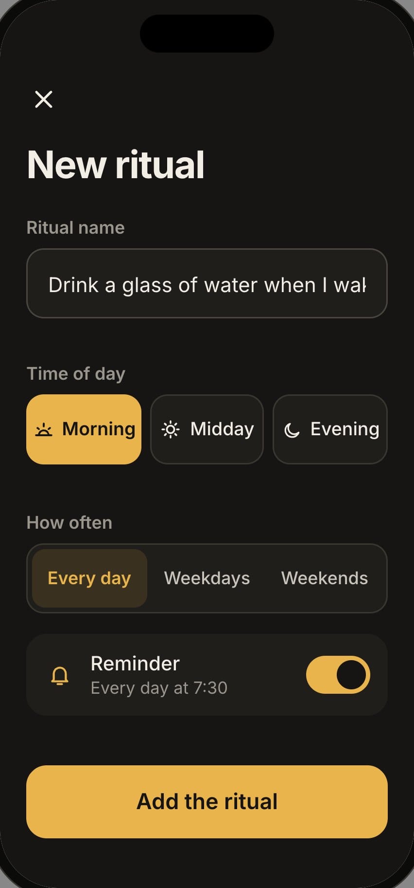 New ritual form in the Rituel app: the name, the time of day, the frequency and the reminder.