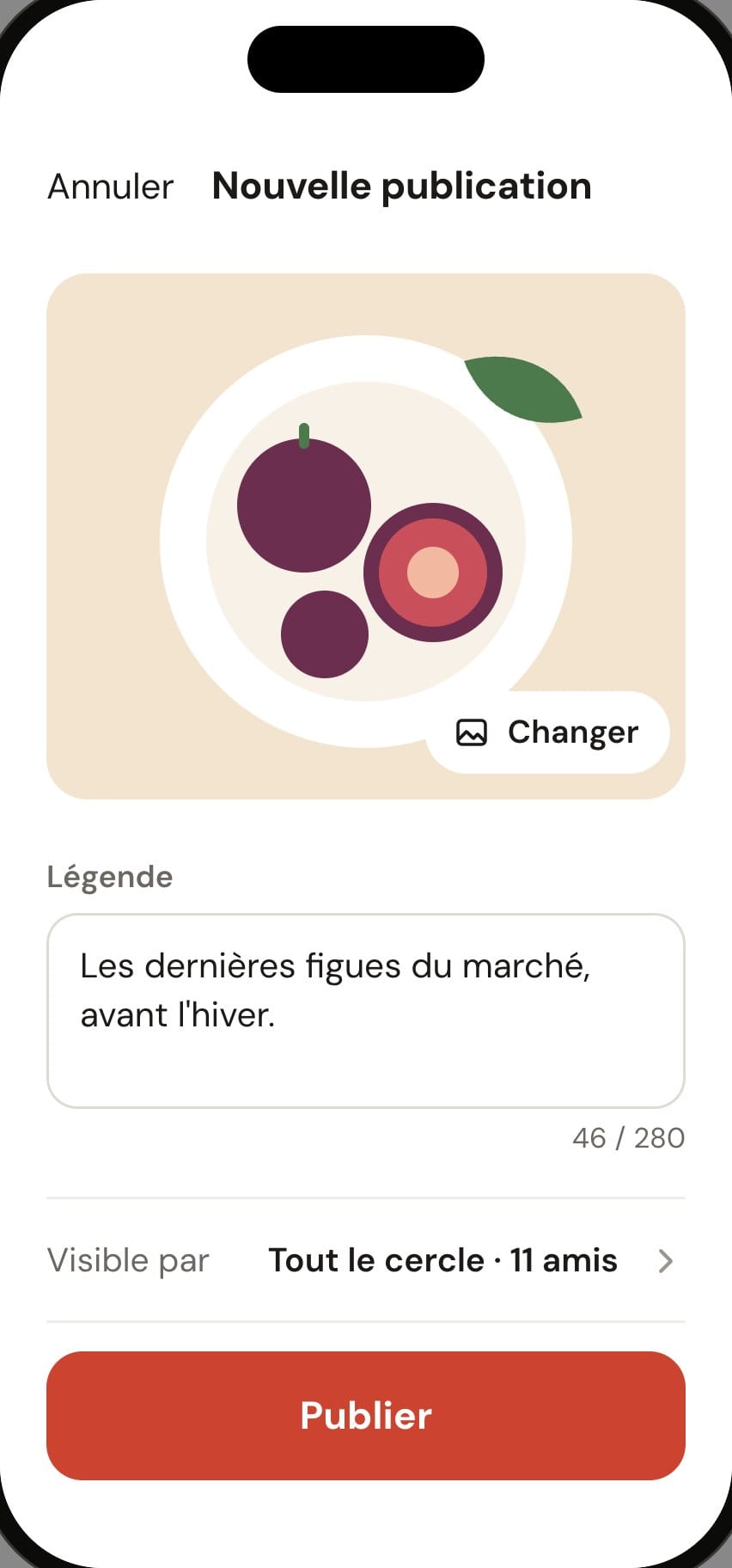 Écran Nouvelle publication de l’app Cercle : une photo de figues, la légende et le lieu.