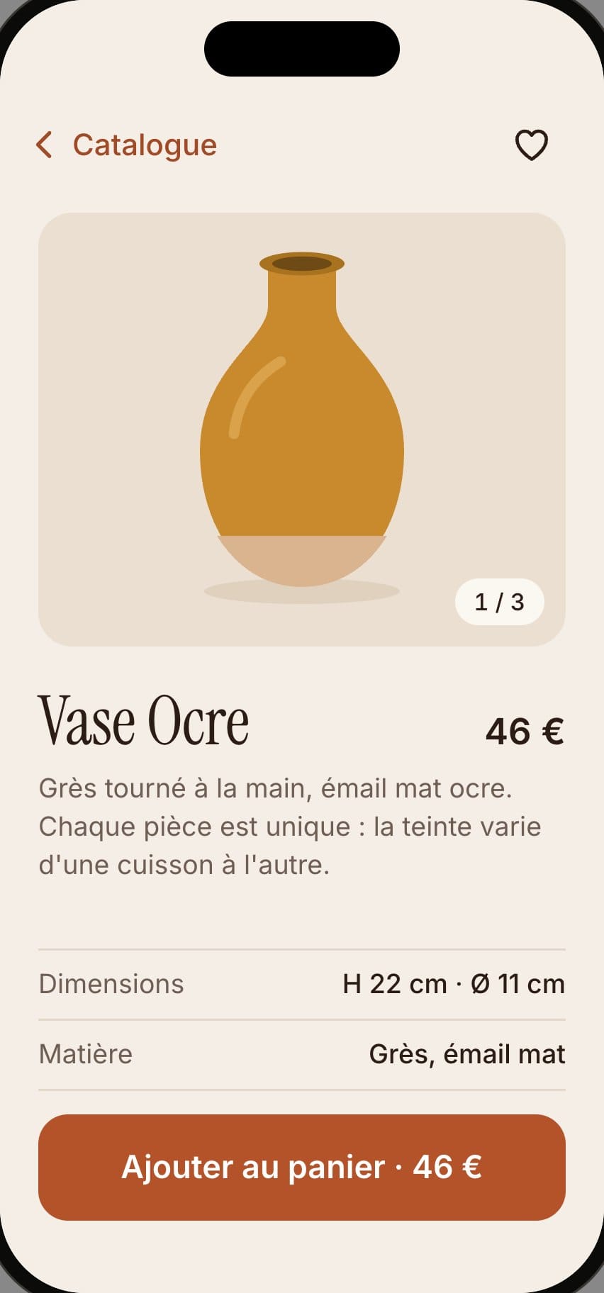 Fiche produit d’un vase dans l’app Atelier Lou : la photo, le prix et la description.