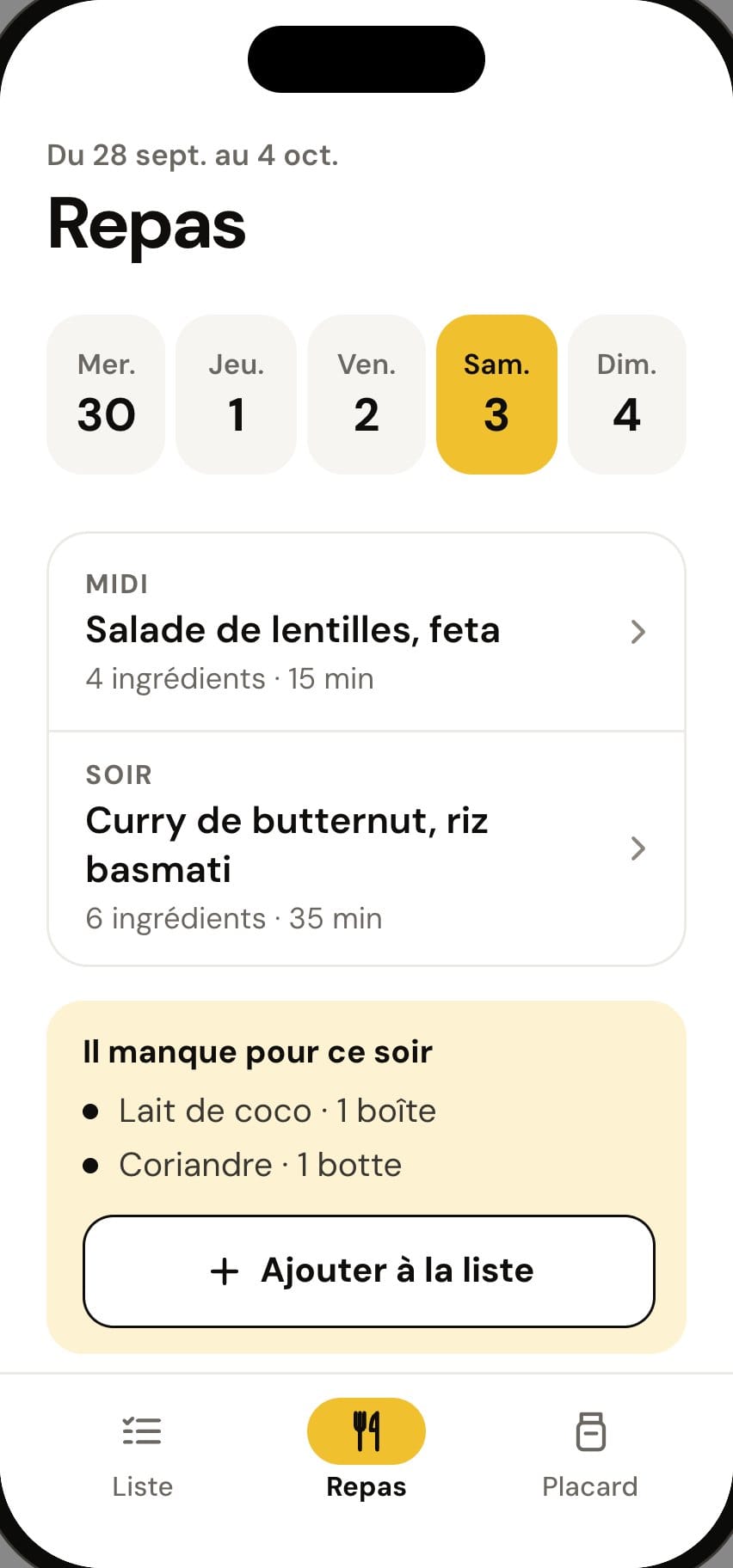 Repas de la semaine dans l’app Courses, jour par jour.