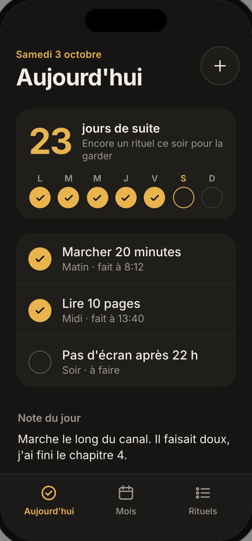 Écran du jour de l’app Rituel, en mode sombre : une série de 23 jours et trois rituels, dont deux faits.